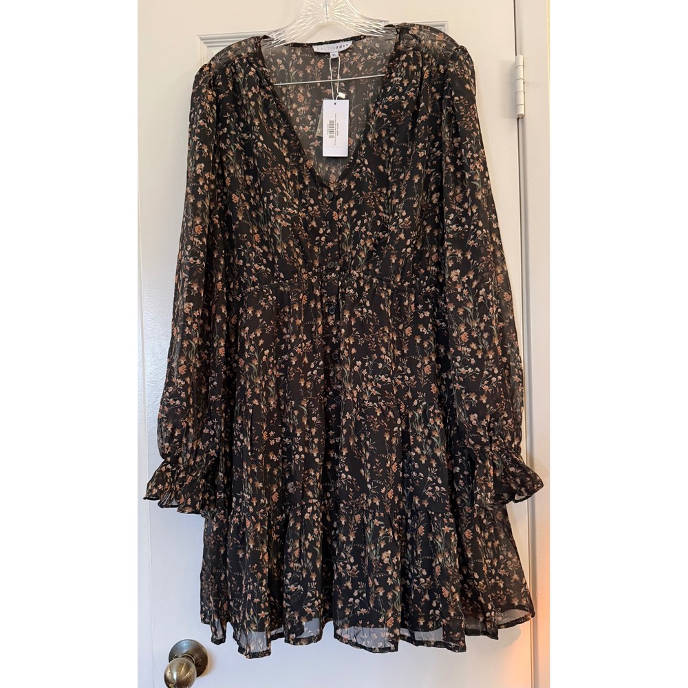 Baltic Born Floral V-Neck Mini Dress XL Brown Long Sleeve Ruffle Tiered NWT